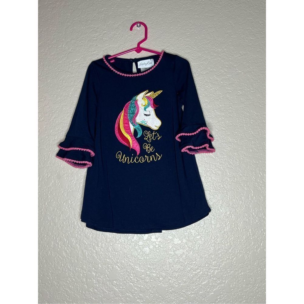 Emily Rose navy dress with bell sleeves and sparkle unicorn - 5/6